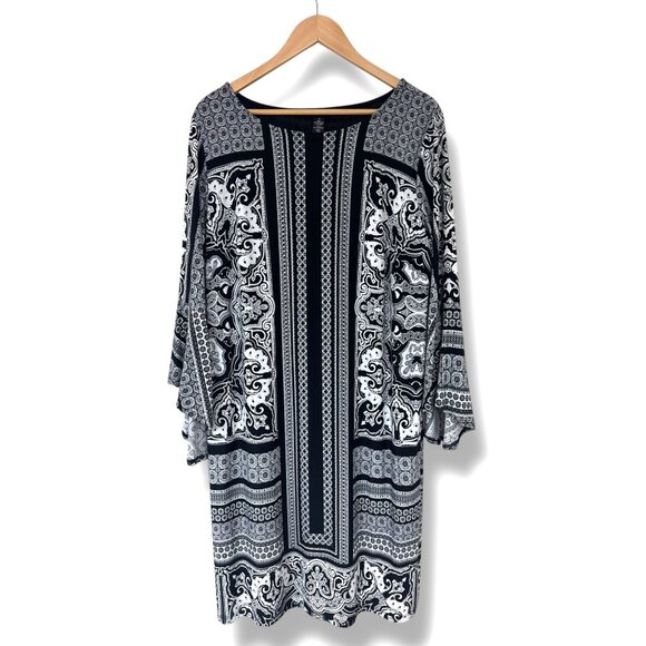 INC Black & White Print Bell Sleeve Shift Dress Size 1X 16 Plus Sz Classy Office - Picture 1 of 7